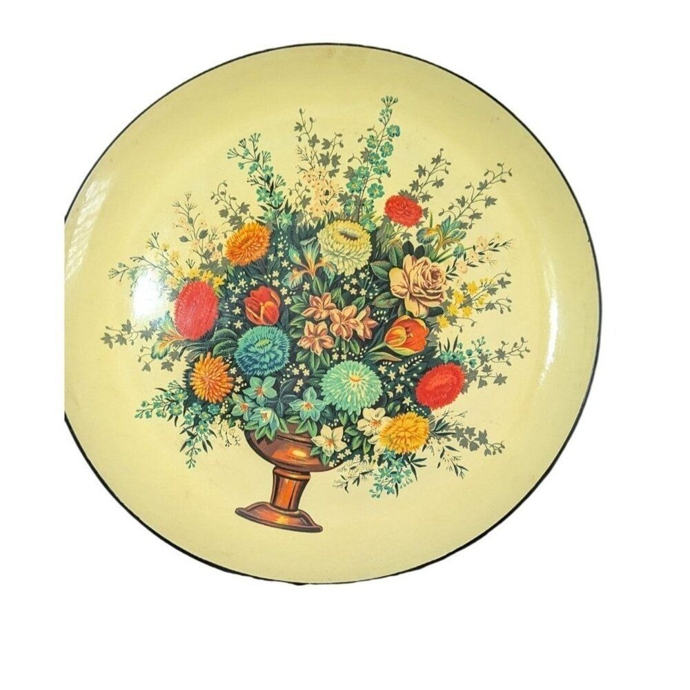 Vintage 13in Round Japanese Floral Papier-Mache lacquer Serving Tray Yellow MCM